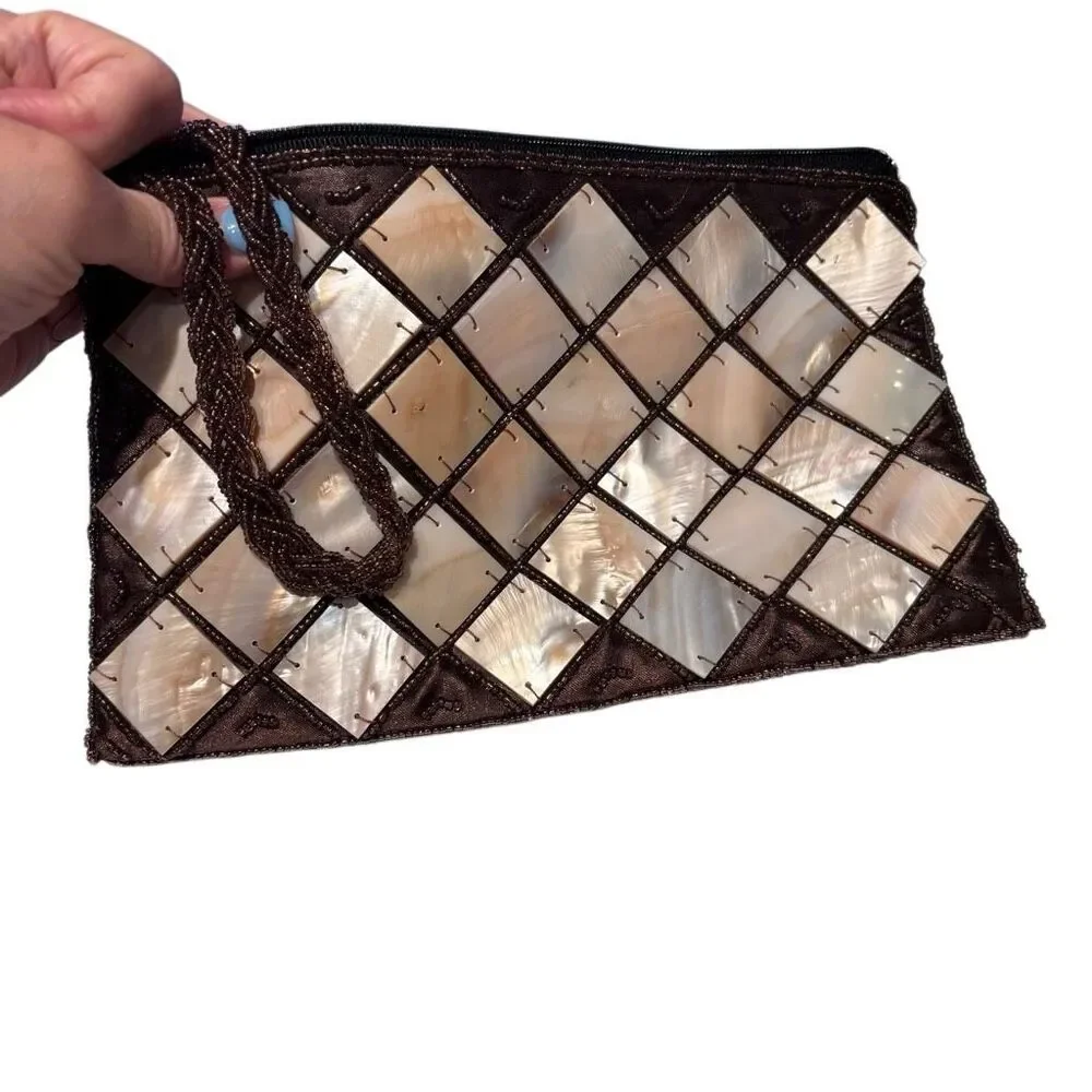 Mad Style‎ Handmade Mother Of Pearl & Natural Horn Wristlet Change Purse 9x5.5”